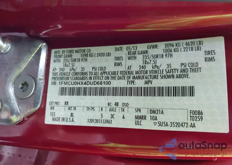 2013 Ford Escape Sel z USA, uszkodzony, nr VIN 1FMCU0HX4DUD68100